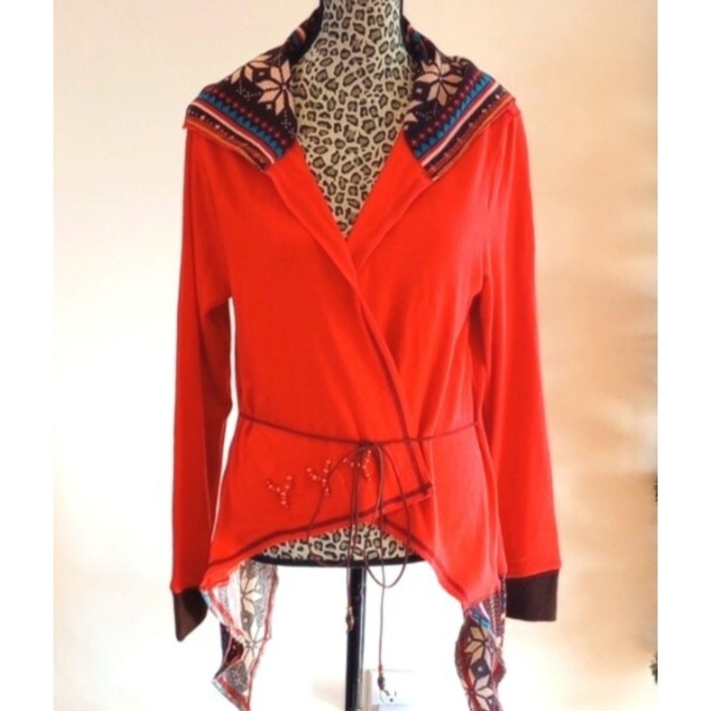 Sacred Threads Ladies Hooded Tie Front Cardigan Size:M Color:Orange,Brown NWT